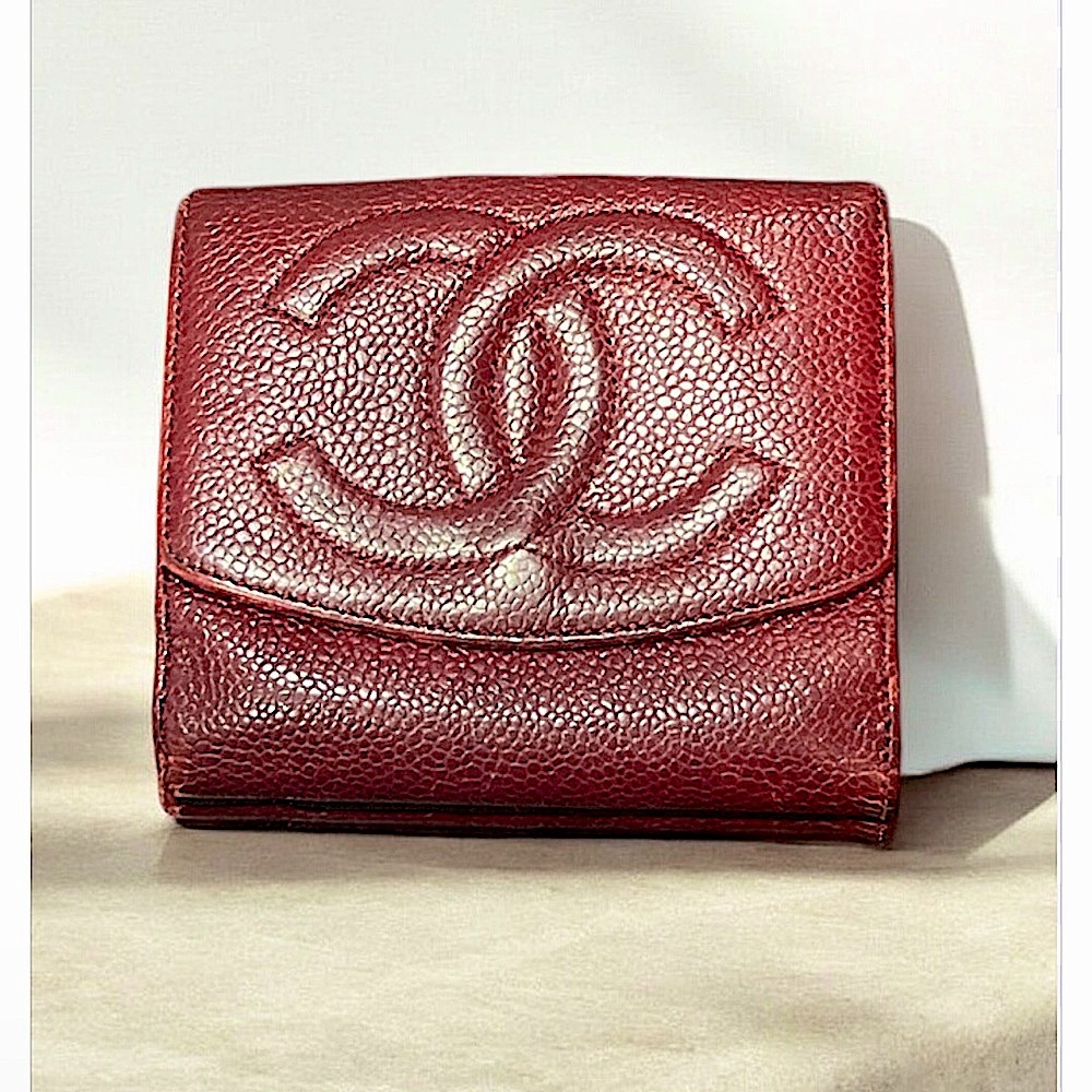 Chanel Burgundy Caviar Leather CC Logo Coin Purse Compact Wallet